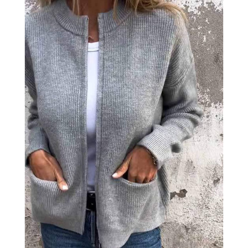 Women's open-front ribbed knit cardigan with long sleeves and patch pockets