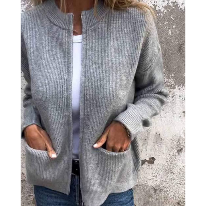 Women's open-front ribbed knit cardigan with long sleeves and patch pockets