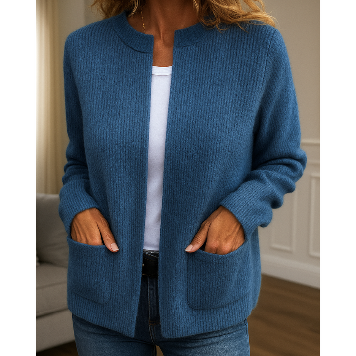 Women's open-front ribbed knit cardigan with long sleeves and patch pockets