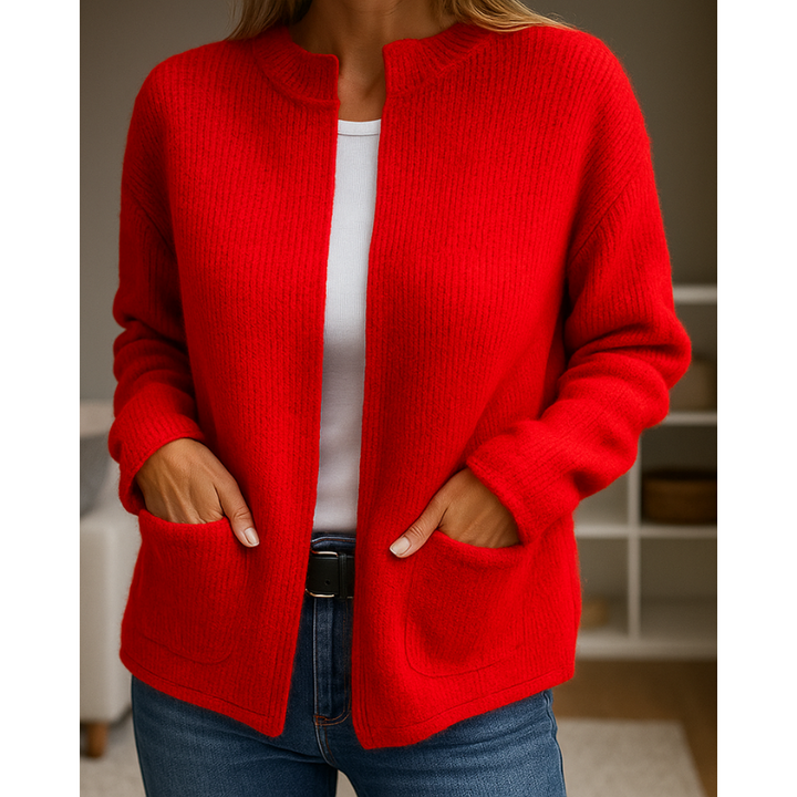 Women's open-front ribbed knit cardigan with long sleeves and patch pockets