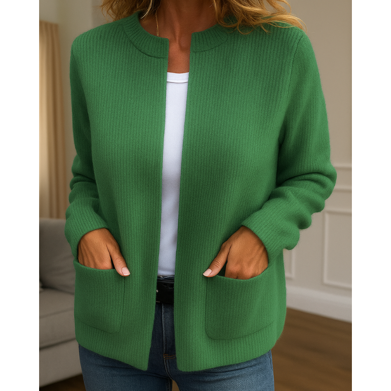 Women's open-front ribbed knit cardigan with long sleeves and patch pockets