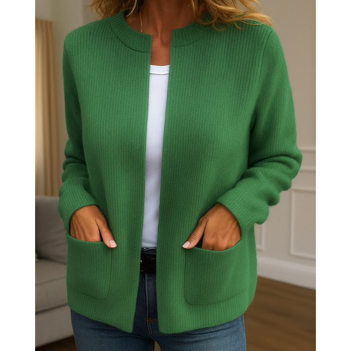 Women's open-front ribbed knit cardigan with long sleeves and patch pockets