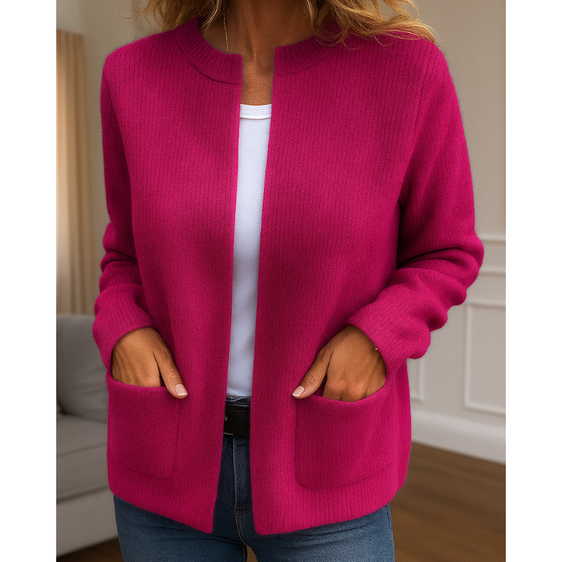 Women's open-front ribbed knit cardigan with long sleeves and patch pockets