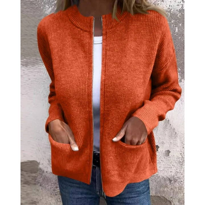 Women's open-front ribbed knit cardigan with long sleeves and patch pockets