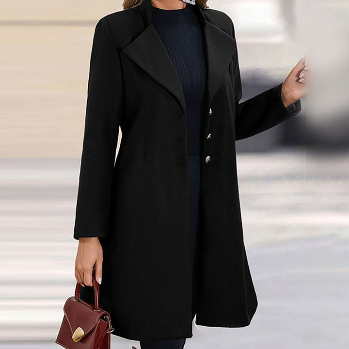 Women's long blazer coat with notched lapels and buttons