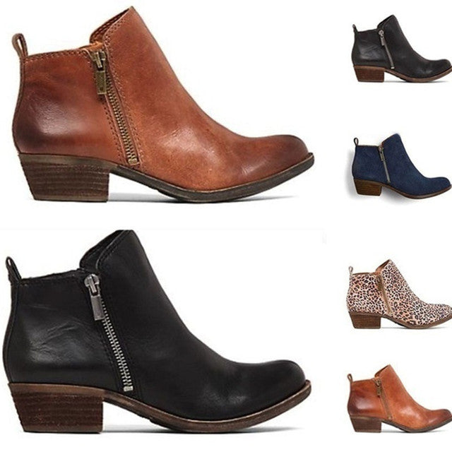 Women's ankle boots with buckle straps, block heels and side zips