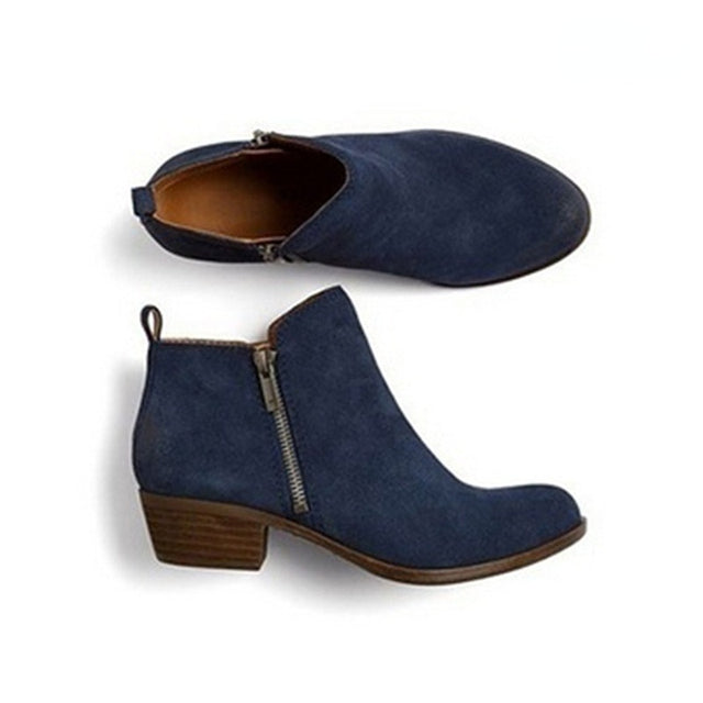 Women's ankle boots with buckle straps, block heels and side zips