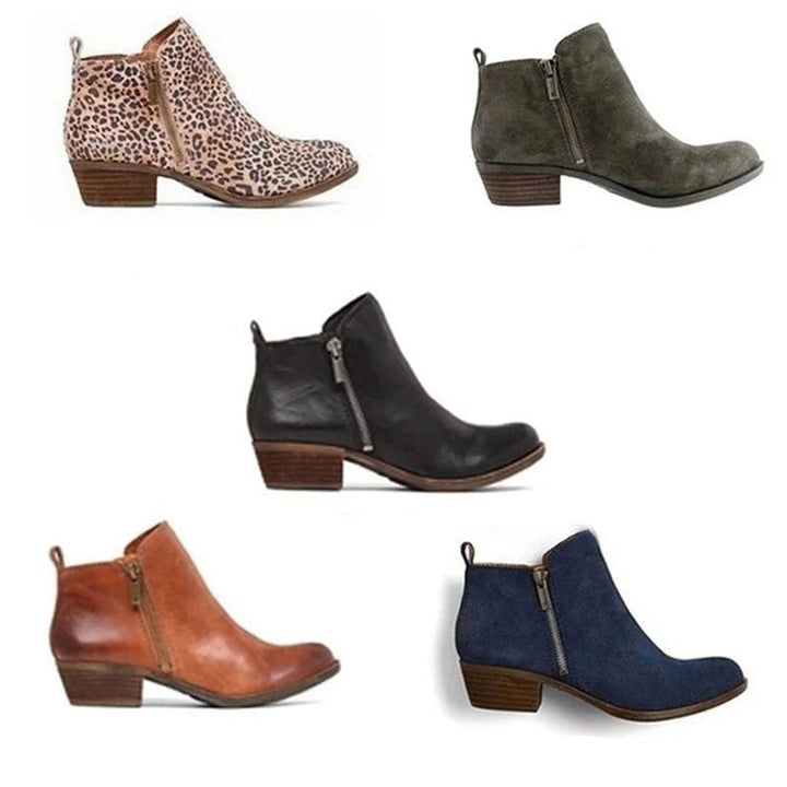 Women's ankle boots with buckle straps, block heels and side zips