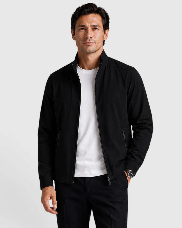 Men's stand collar zip jacket with long sleeves and zipped pockets