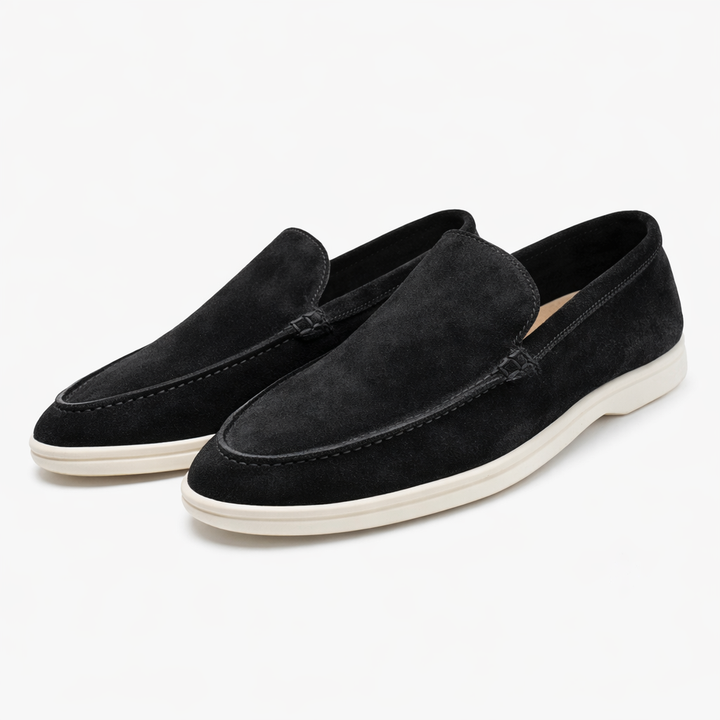 Como suede slip-on loafer in burgundy and beige with cream sole