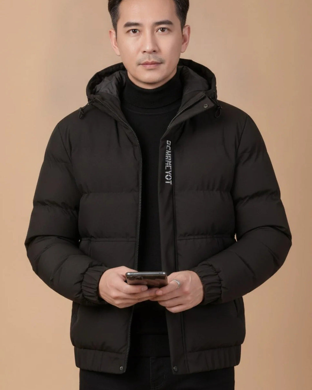Men's hooded padded jacket with quilted panels and long sleeves