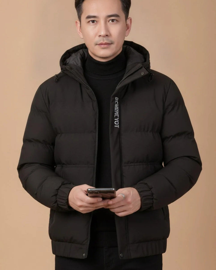 Men's hooded padded jacket with quilted panels and long sleeves