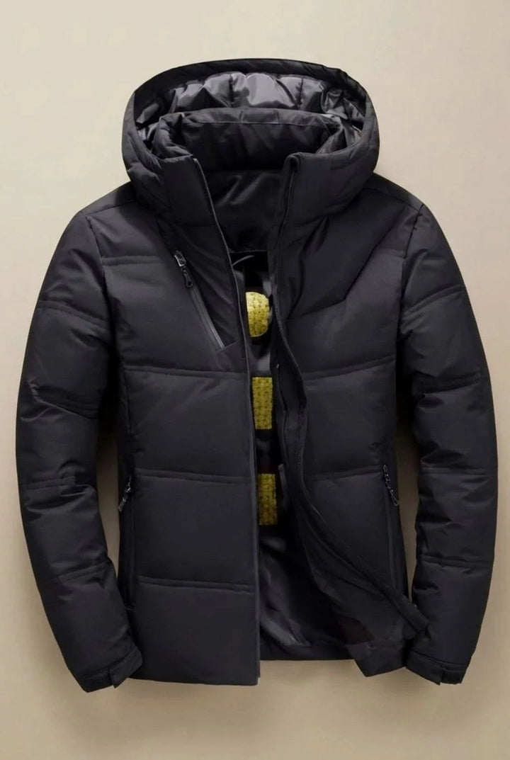 Men's hooded padded jacket with quilted panels and zipped pockets