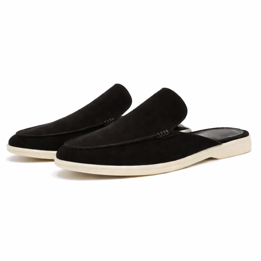 Black loafer mule with cream platform sole, open heel slip-on design