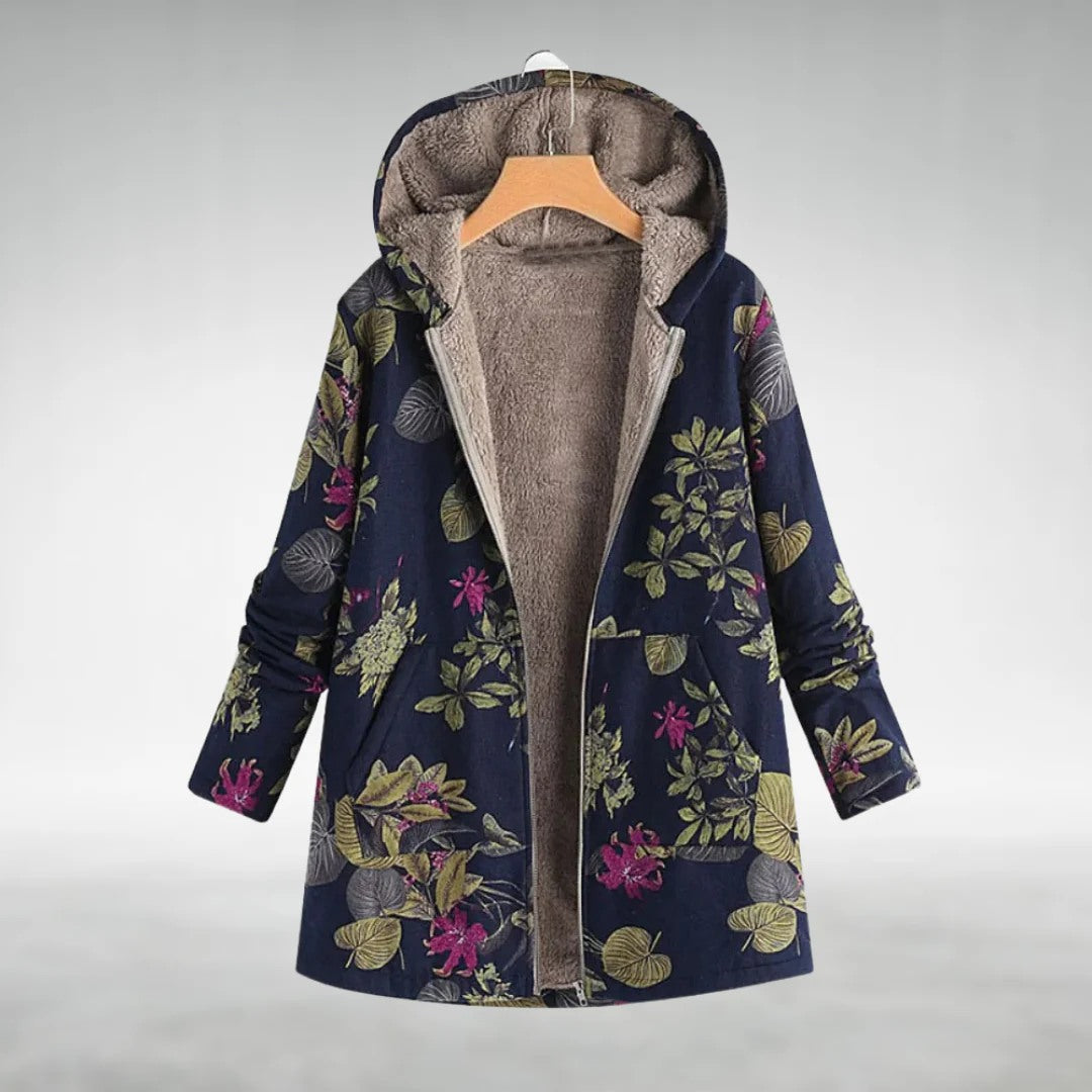 Women's floral hooded fleece jacket with zip front and pockets