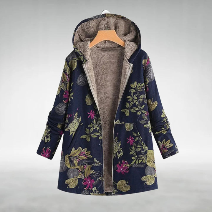 Women's floral hooded fleece jacket with zip front and pockets