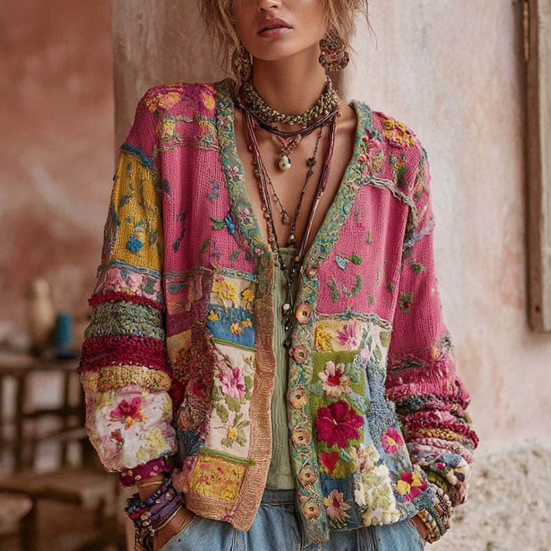 Women's pink floral patchwork cardigan with V-neckline and long sleeves