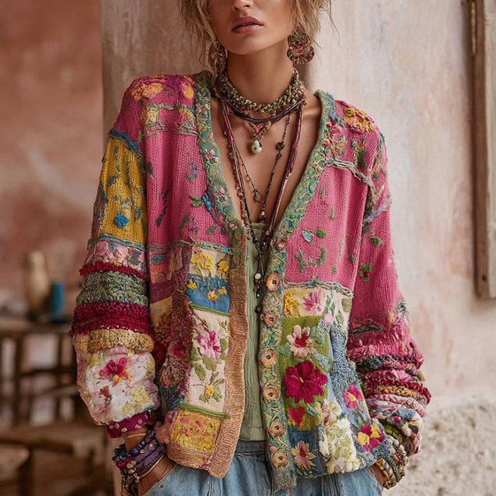Women's pink floral patchwork cardigan with V-neckline and long sleeves
