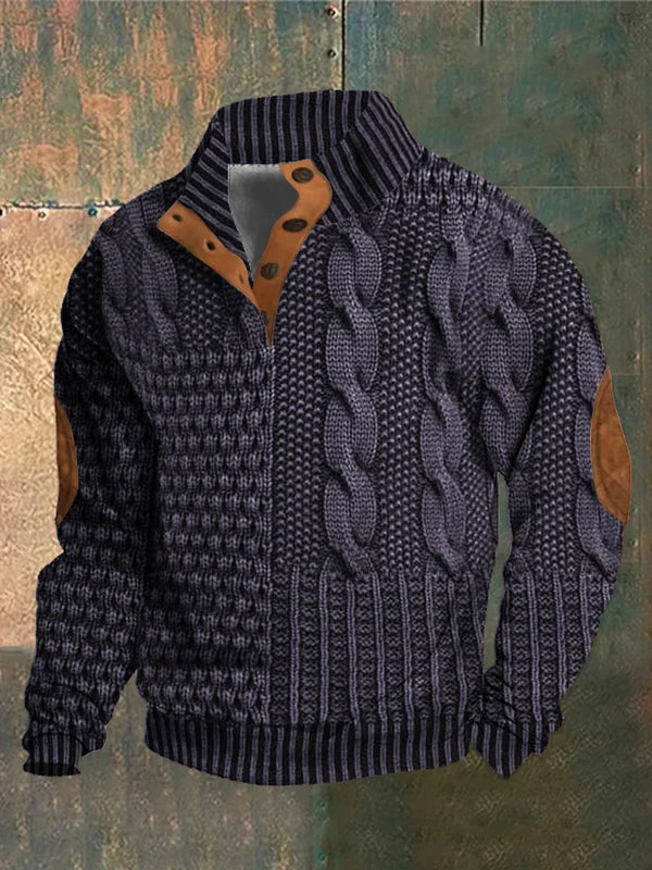 Men's textured cable knit jumper with mock neck and button detail