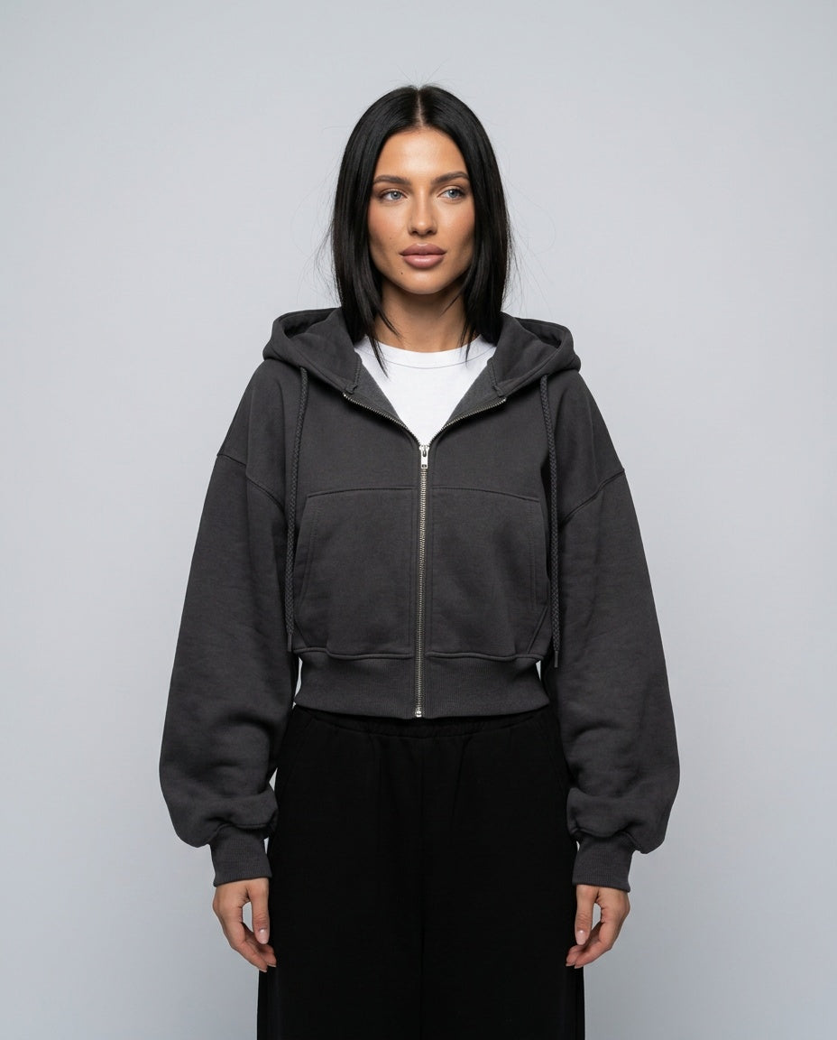 Women's cropped zip-up hoodie with hood, long sleeves and front pockets