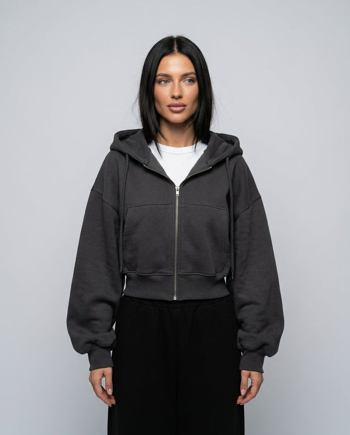 Women's cropped zip-up hoodie with hood, long sleeves and front pockets