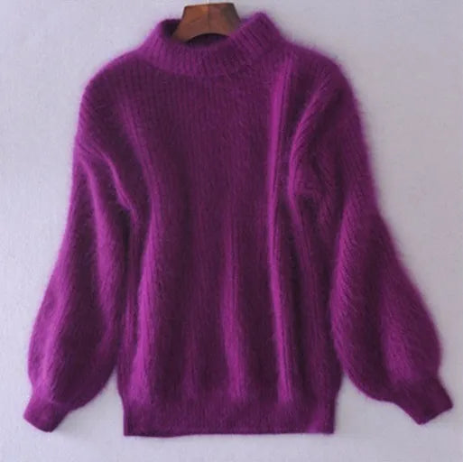 Women's high neck jumper with long balloon sleeves and ribbed trims