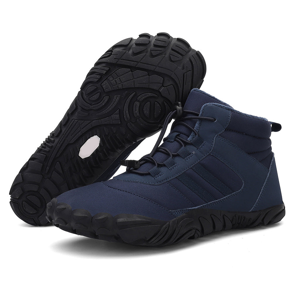 High-top lace-up barefoot boots with rounded toes and textured flat soles