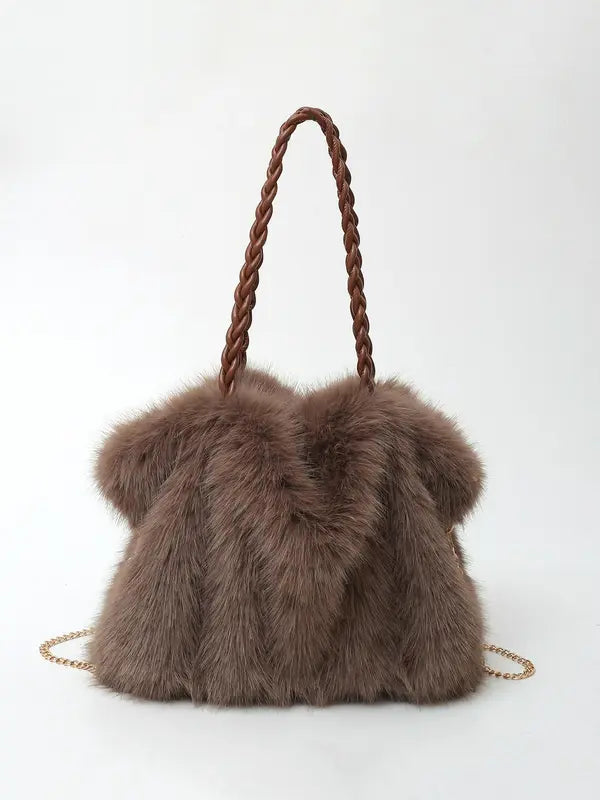 Women's faux fur shoulder bag with braided handles and chain strap