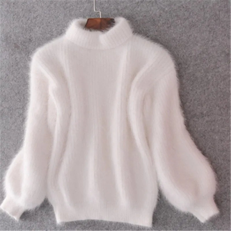Women's high neck jumper with long balloon sleeves and ribbed trims