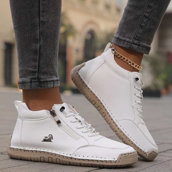 Women's White Lace-Up Sneaker, Ankle Height Zip