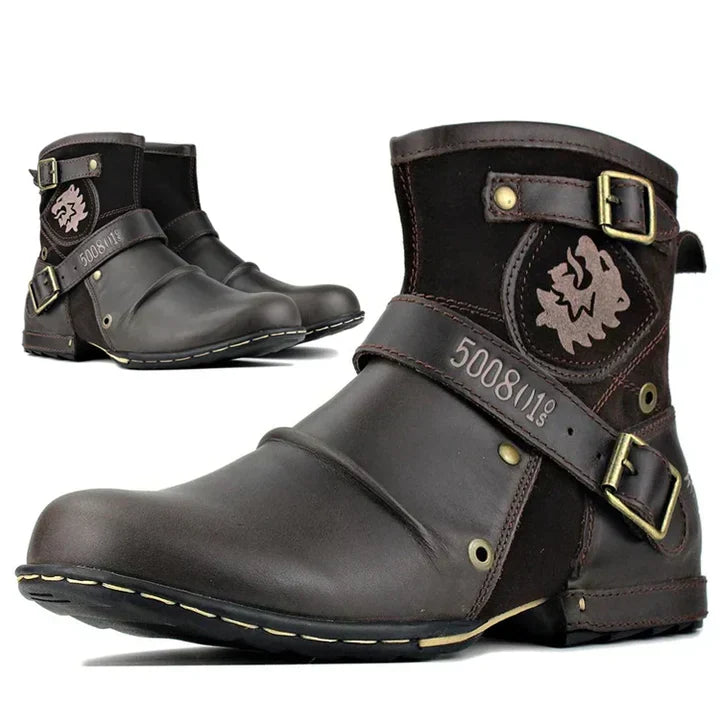 Men's ankle biker boots with buckle straps, rounded toes and decorative side panels