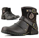 Men's ankle biker boots with buckle straps, rounded toes and decorative side panels