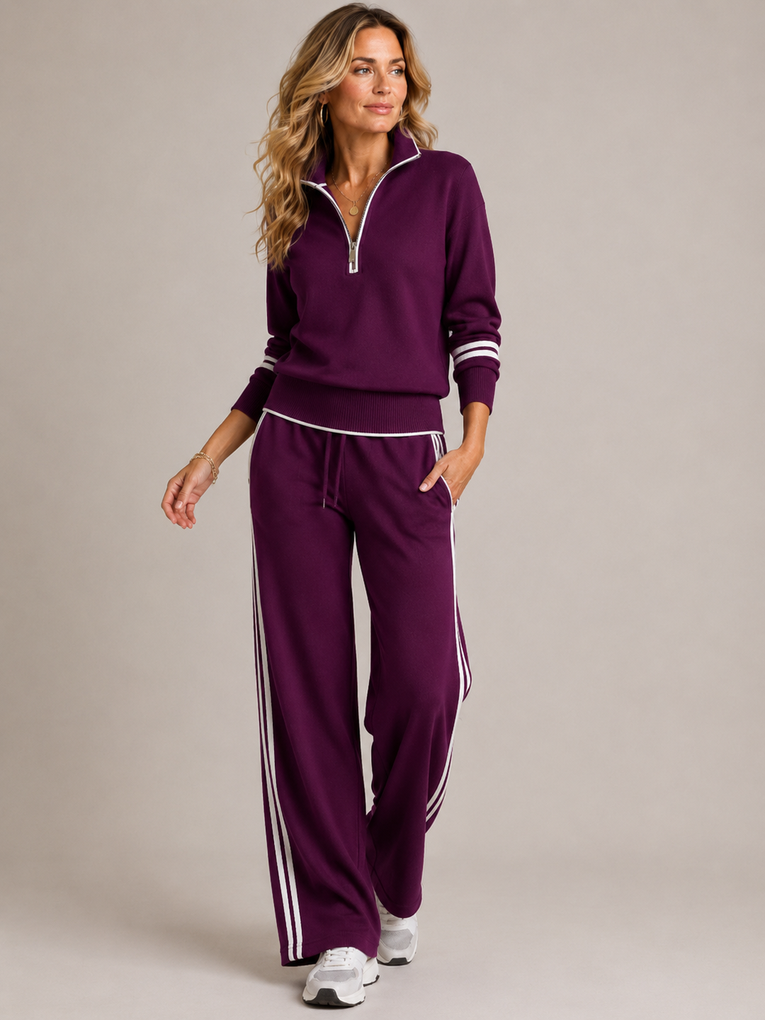 Women's mock-neck zip sweater and wide-leg trousers set with contrast side stripes
