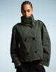 Women's short trench jacket with high collar, buttons, belt and shoulder tabs