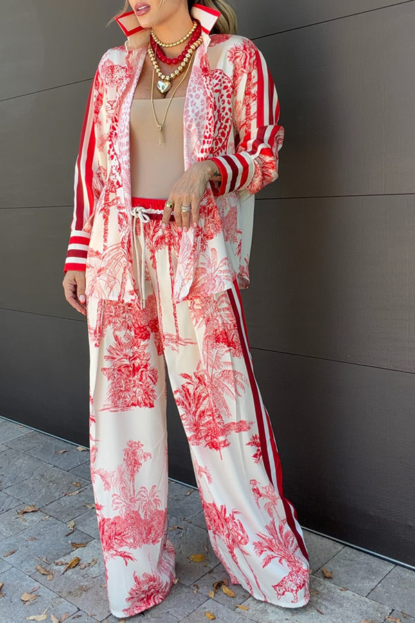 Women's red floral long-sleeved shirt and wide leg trousers set with striped trims