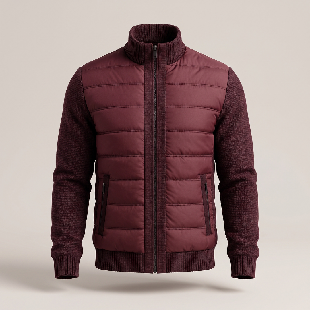 Men's puffer jacket with quilted body, textured sleeves and front zip