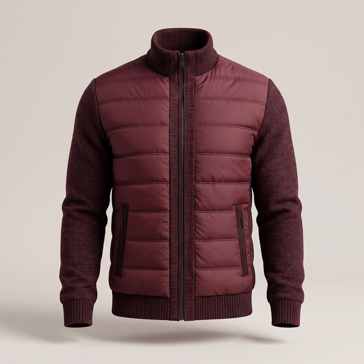 Men's puffer jacket with quilted body, textured sleeves and front zip