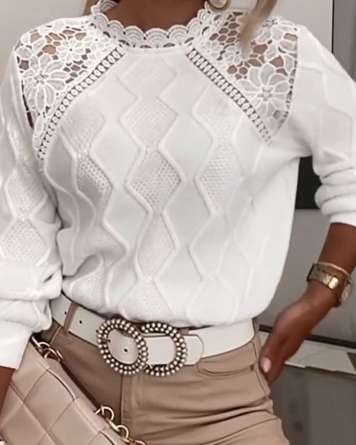Women's white textured jumper with lace yoke and long sleeves