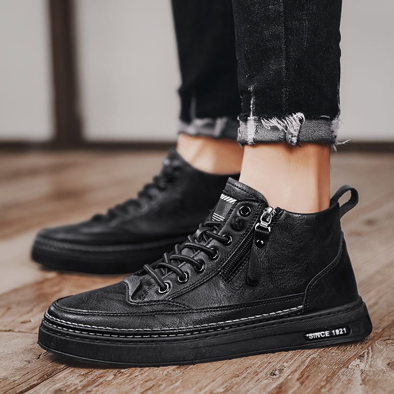Men's lace-up ankle boots with side zipper and fur-textured lining