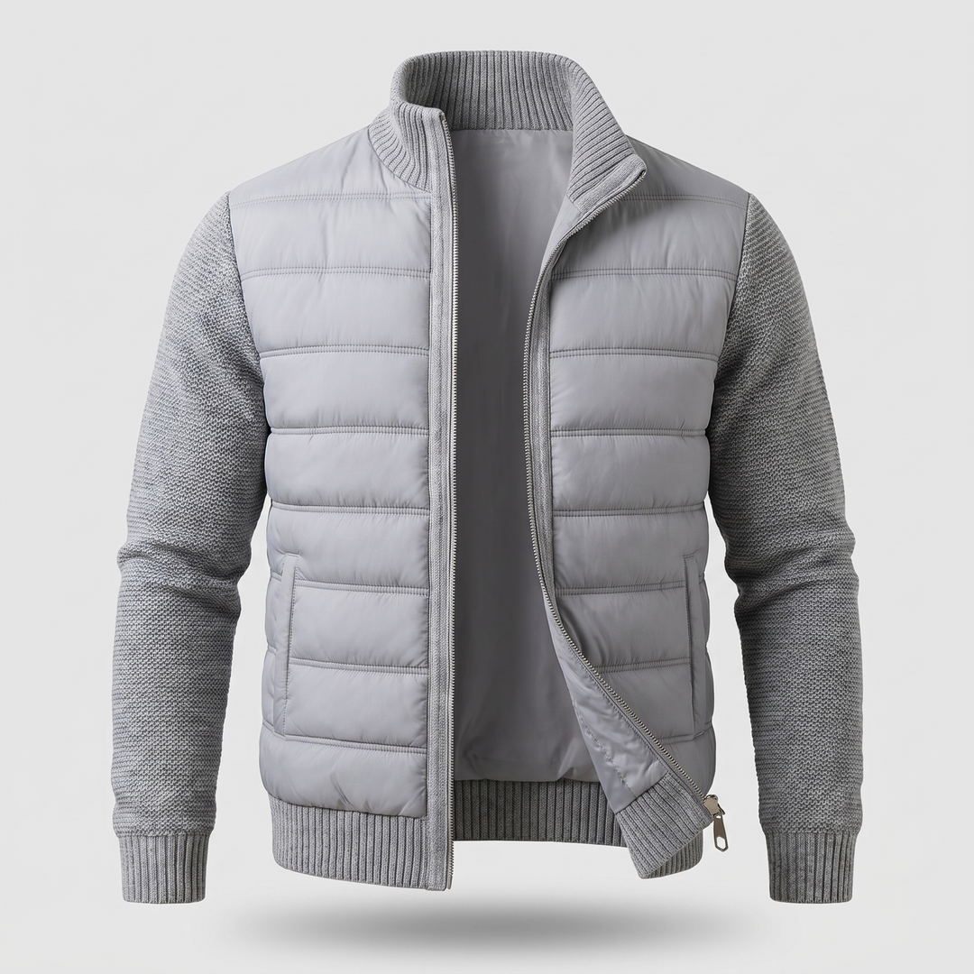 Men's puffer jacket with quilted body, textured sleeves and front zip
