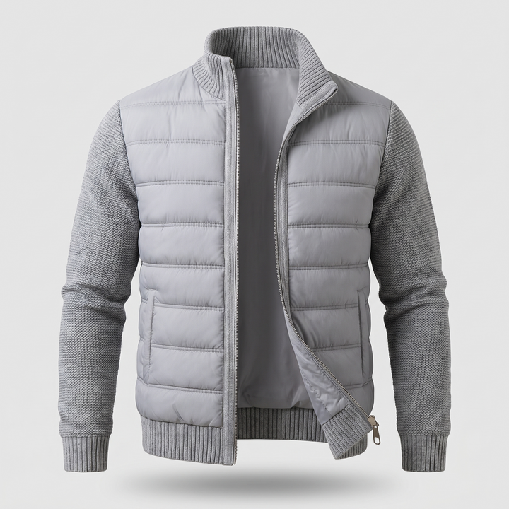 Men's puffer jacket with quilted body, textured sleeves and front zip