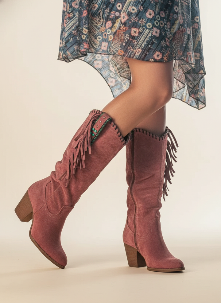 Women's suede mid-calf boots with block heel and fringe trim detail