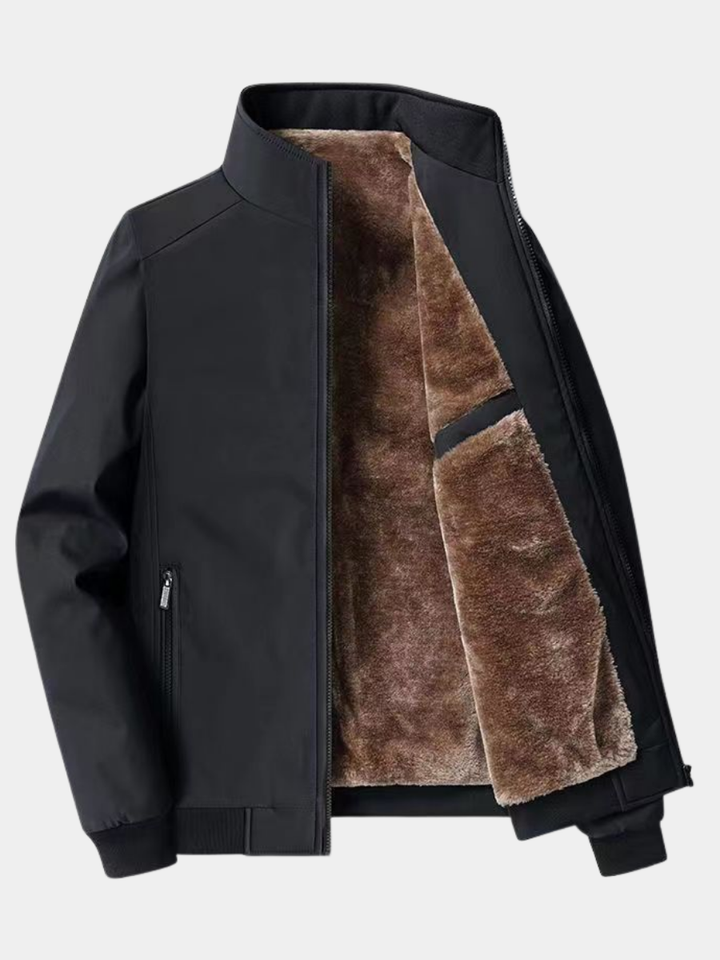 Men's dark fleece-lined zip jacket with stand collar and zipped pockets