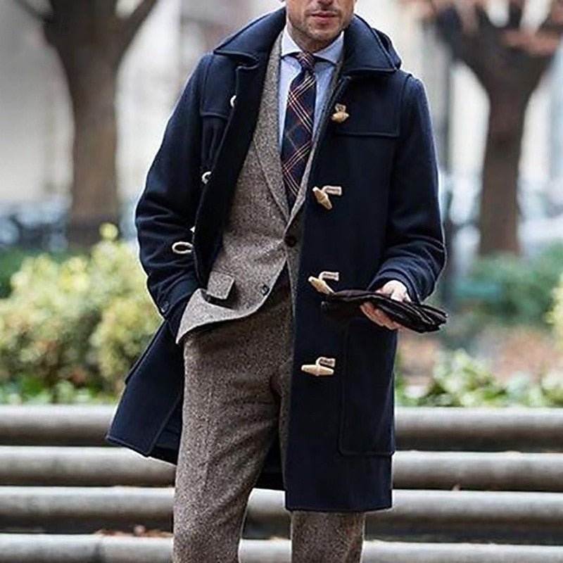 Men's hooded toggle trench coat with broad collar and multiple front pockets