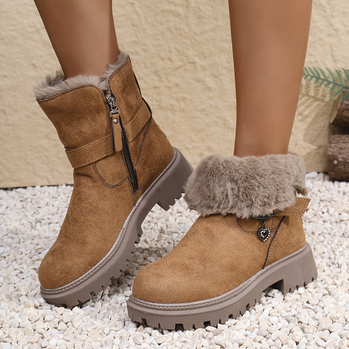 Women's brown winter ankle boots with fur collar, buckle strap and heart charm