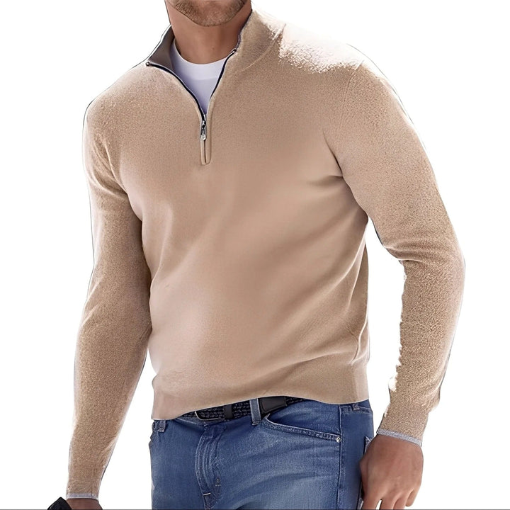 Men's long-sleeve half-zip sweater with mock neck and ribbed trims