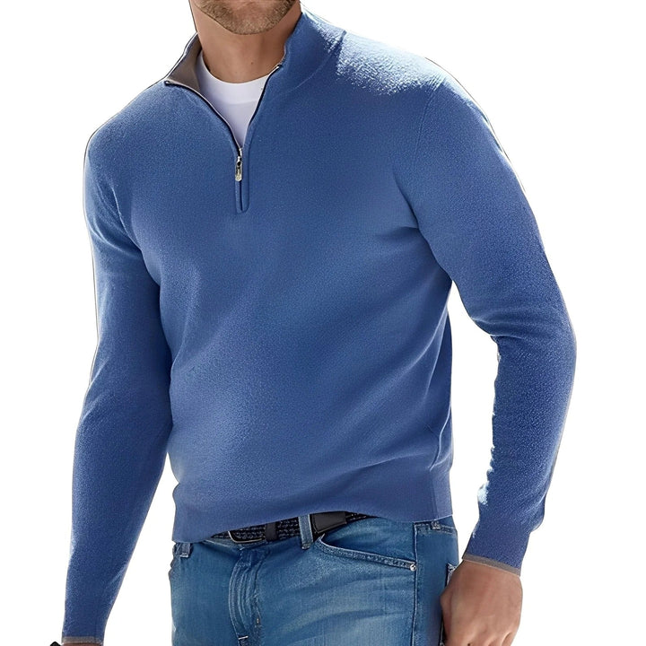 Men's long-sleeve half-zip sweater with mock neck and ribbed trims