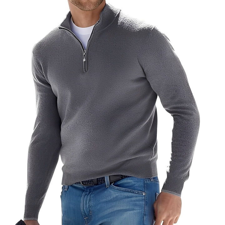 Men's long-sleeve half-zip sweater with mock neck and ribbed trims