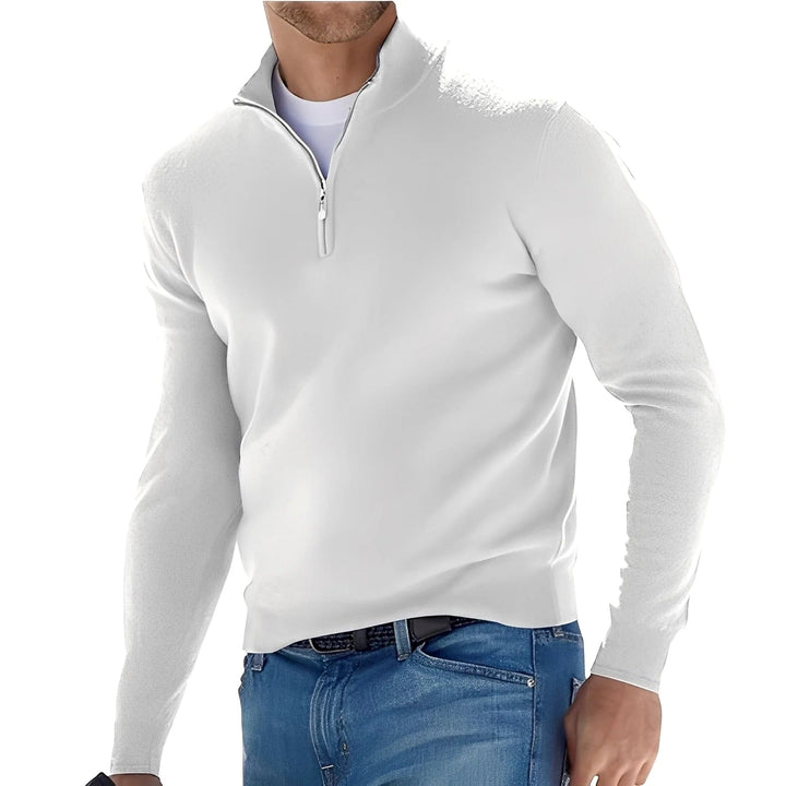 Men's long-sleeve half-zip sweater with mock neck and ribbed trims