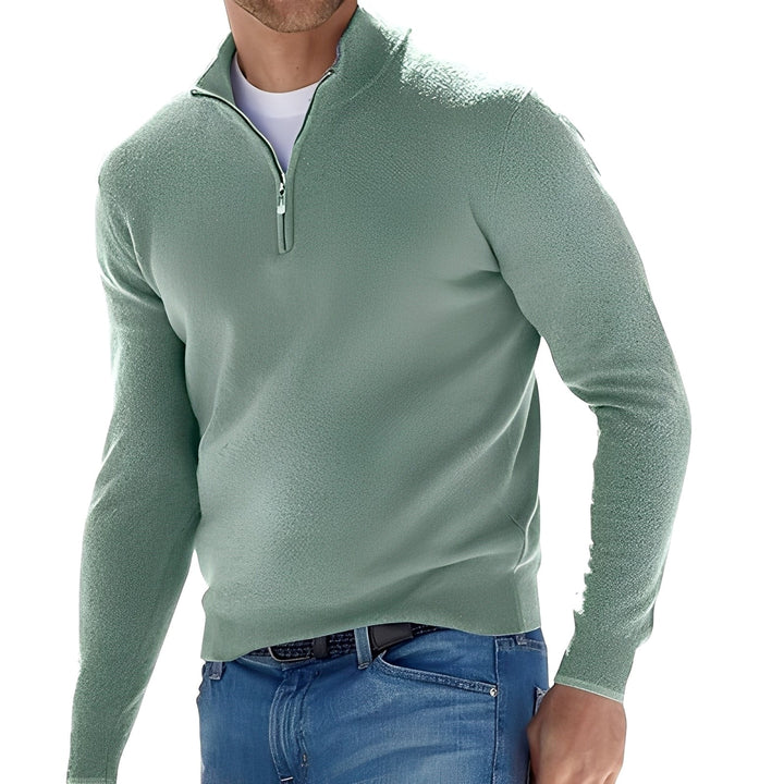 Men's long-sleeve half-zip sweater with mock neck and ribbed trims